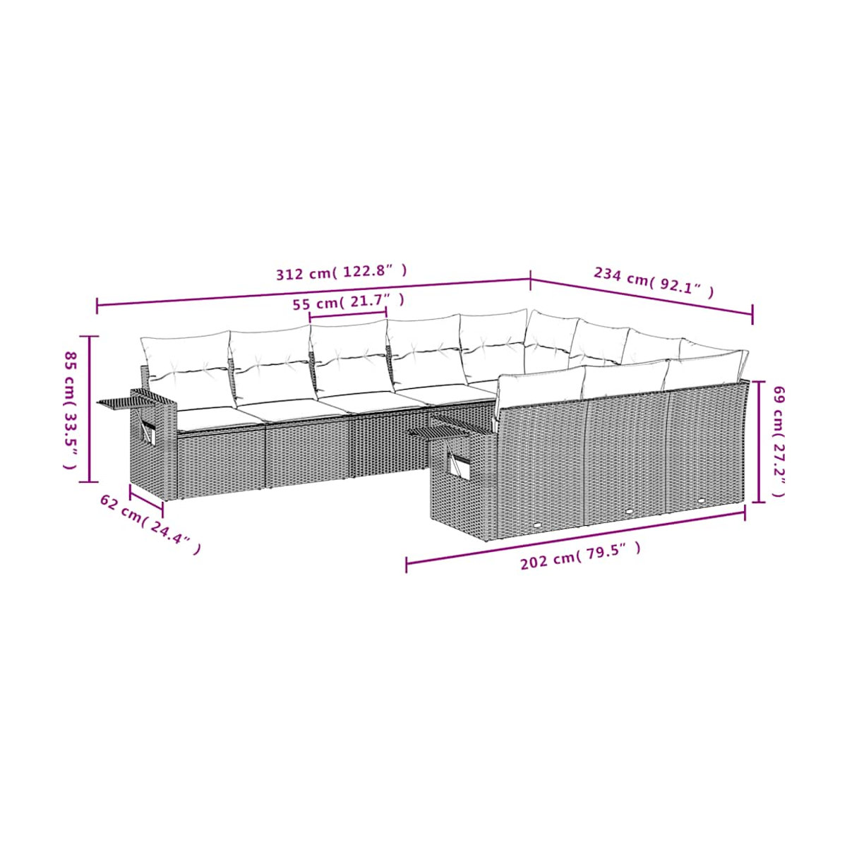 Vidaxl Garten-Sitzgruppe aus schwarzem Rattan mit Kissen für 10 Personen im modernen Design - Bild 2