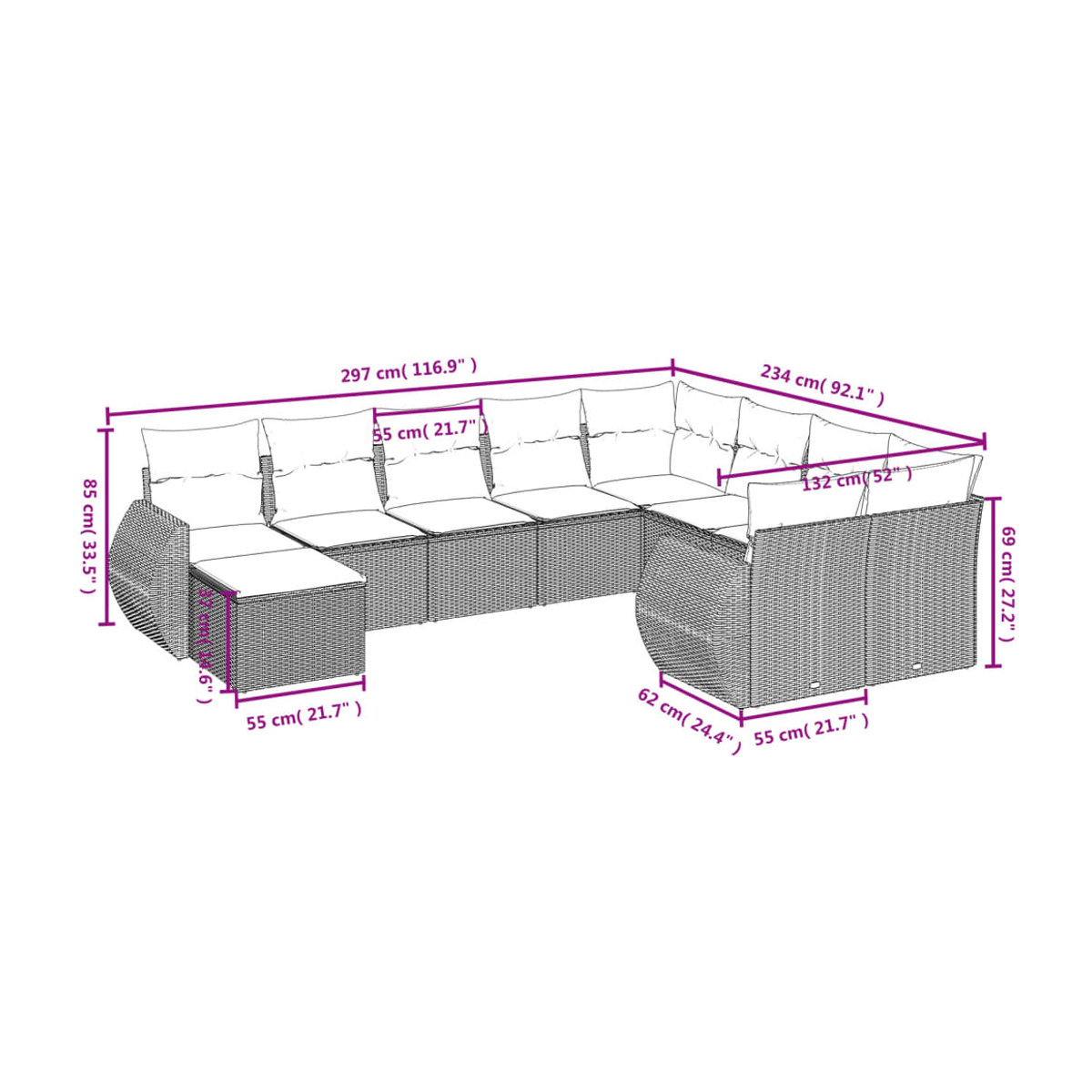 Vidaxl Garten-Sitzgruppe aus schwarzem Rattan mit Kissen für Erwachsene im modernen Design - Bild 2