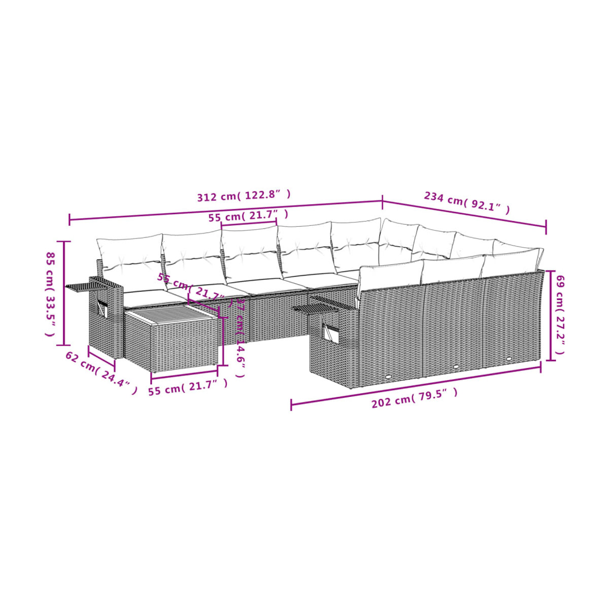 Vidaxl Garten-Sitzgruppe aus schwarzem Rattan mit Kissen im modernen Design - Bild 3