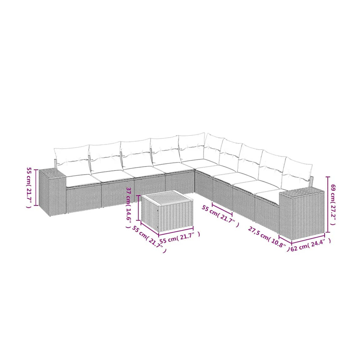 Vidaxl Garten-Sitzgruppe aus schwarzem Rattan mit Kissen im modernen Design für Erwachsene - Bild 3