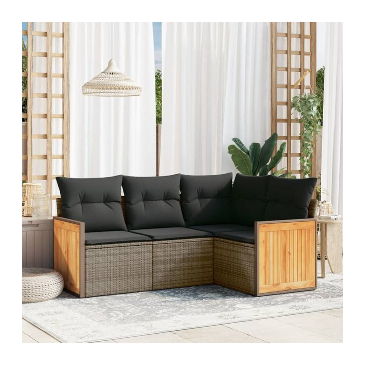 Vidaxl Garten-Sitzgruppe für 4 Personen aus Rattan mit Kissen in Grau und Schwarz, modernes Design - Bild 1