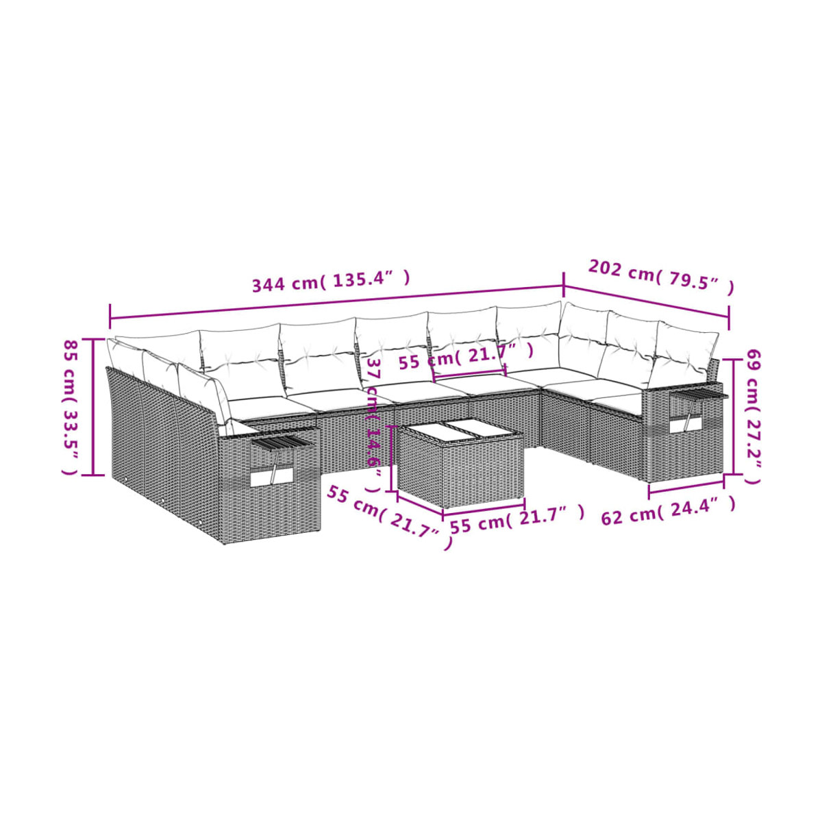 Vidaxl Gartenmöbel-Set aus grauem Polyrattan mit 11-teiligem Kissen-Set - Bild 2