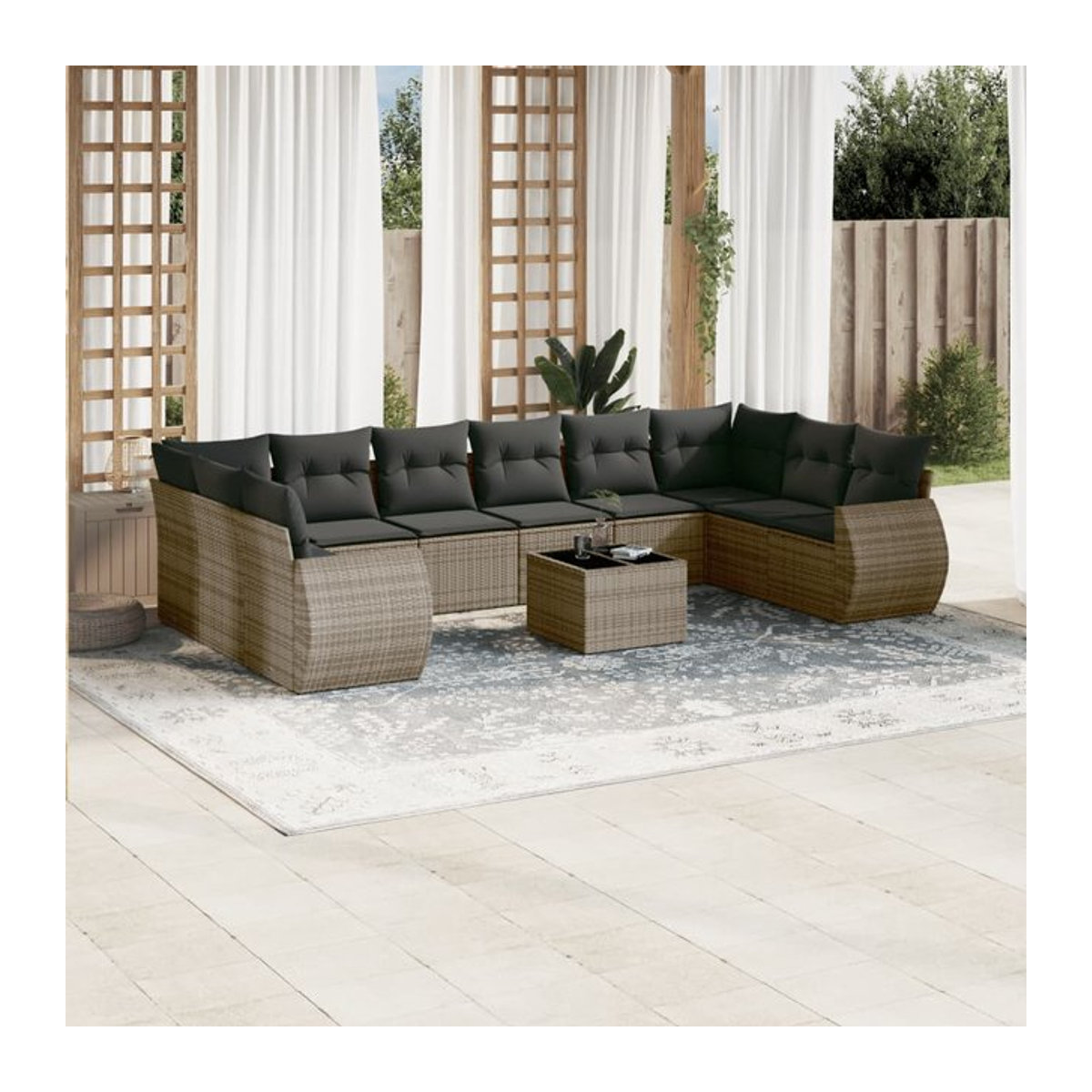 Vidaxl Gartenmöbel-Set aus grauem Polyrattan mit 11-teiligem Kissen-Set und Glasoberfläche - Bild 1