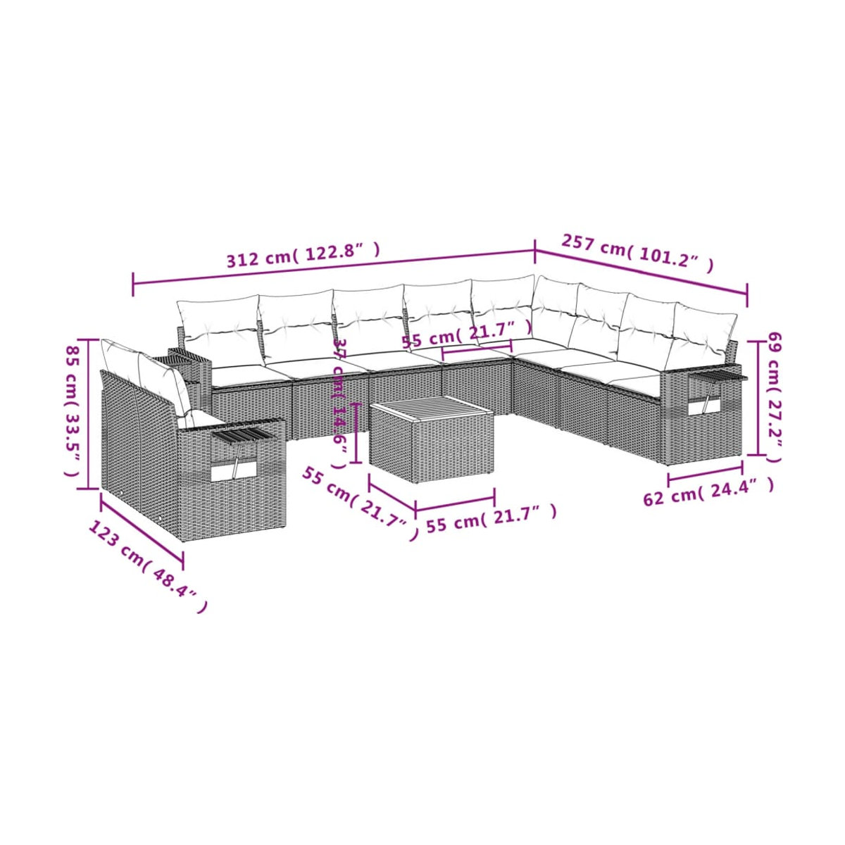 Vidaxl Gartenmöbel-Set aus grauem Polyrattan und Akazie mit 11 Teilen und Kissen - Bild 3
