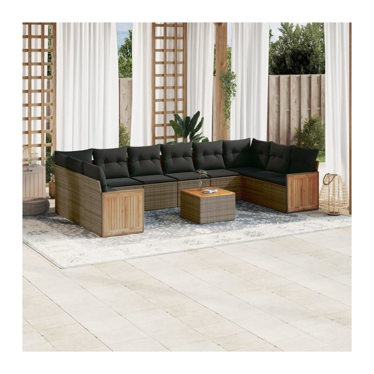 Vidaxl Gartenmöbel-Set aus grauem Polyrattan und Akazie mit 11-teiligem Kissen-Set - Bild 1