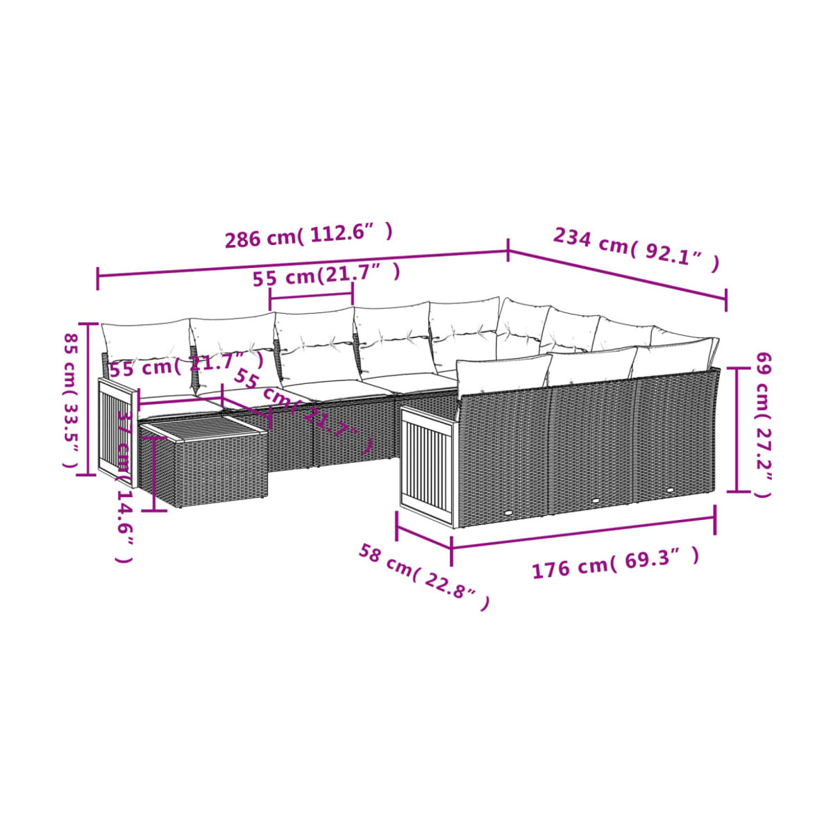 Vidaxl Gartenmöbel-Set aus grauem Polyrattan und Akazie mit 11-teiligem Kissen-Set - Bild 2