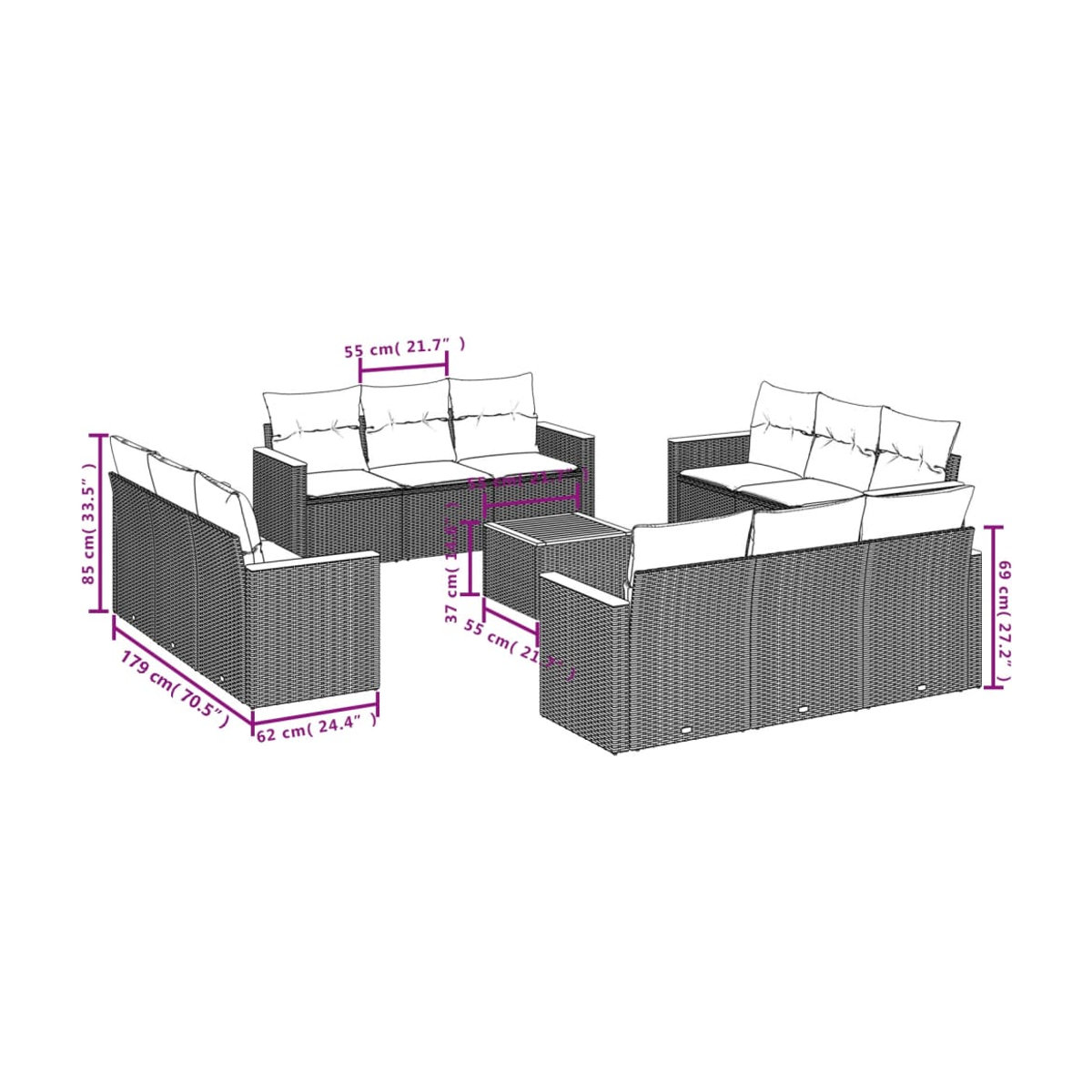 Vidaxl Gartenmöbel-Set aus PE-Rattan mit Kissen, 13-teilig, Schwarz, Modernes Design - Bild 2