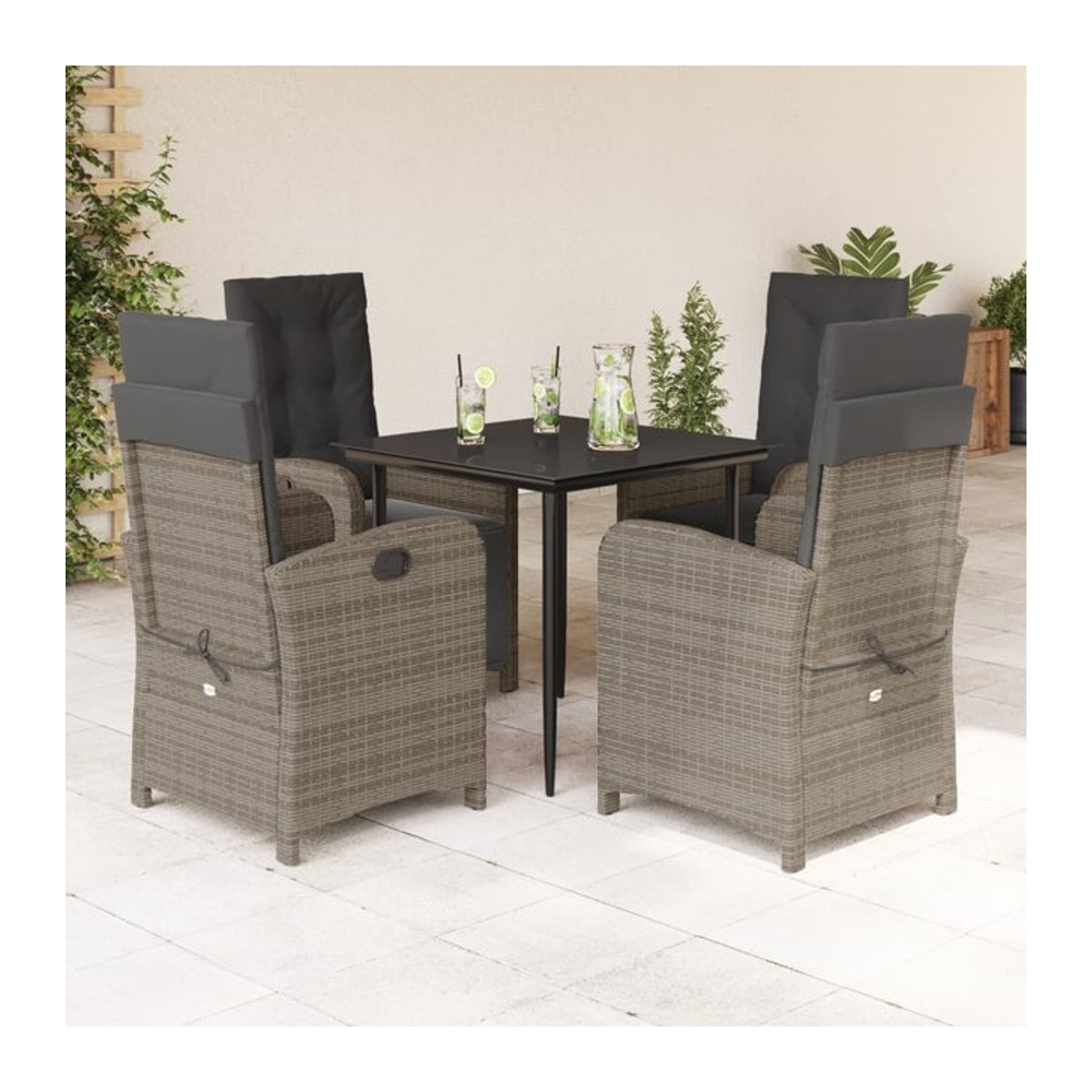 Vidaxl Gartenmöbel-Set aus PE-Rattan mit Kissen und Glastisch, 5-teilig, Grau, Modernes Design - Bild 1