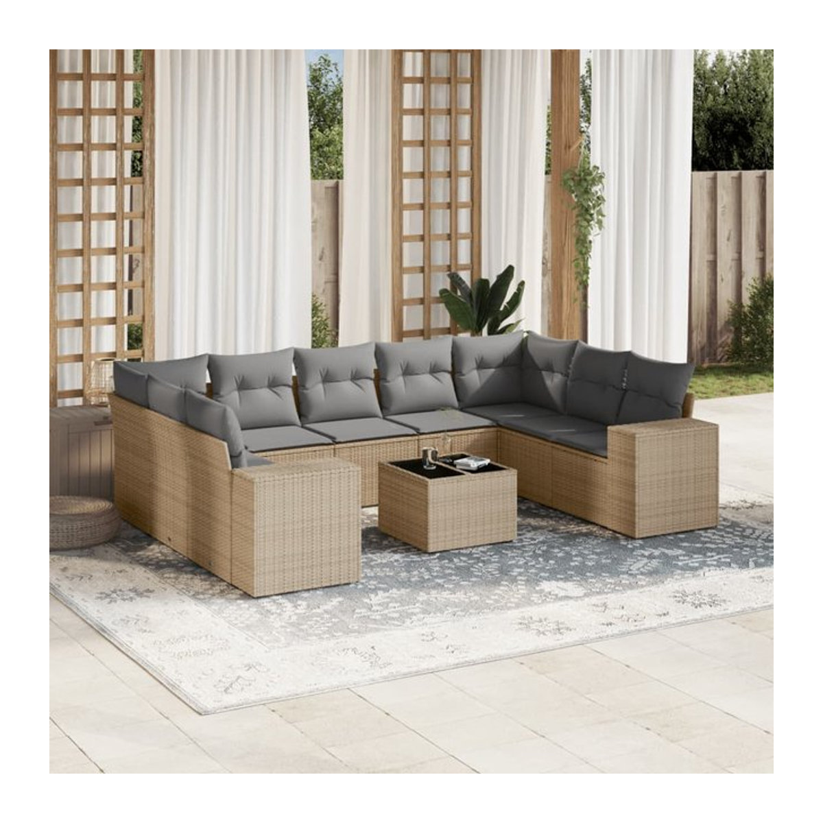 Vidaxl Gartenmöbel-Set aus Polyrattan mit 10 Teilen und Kissen in Beige - Bild 1
