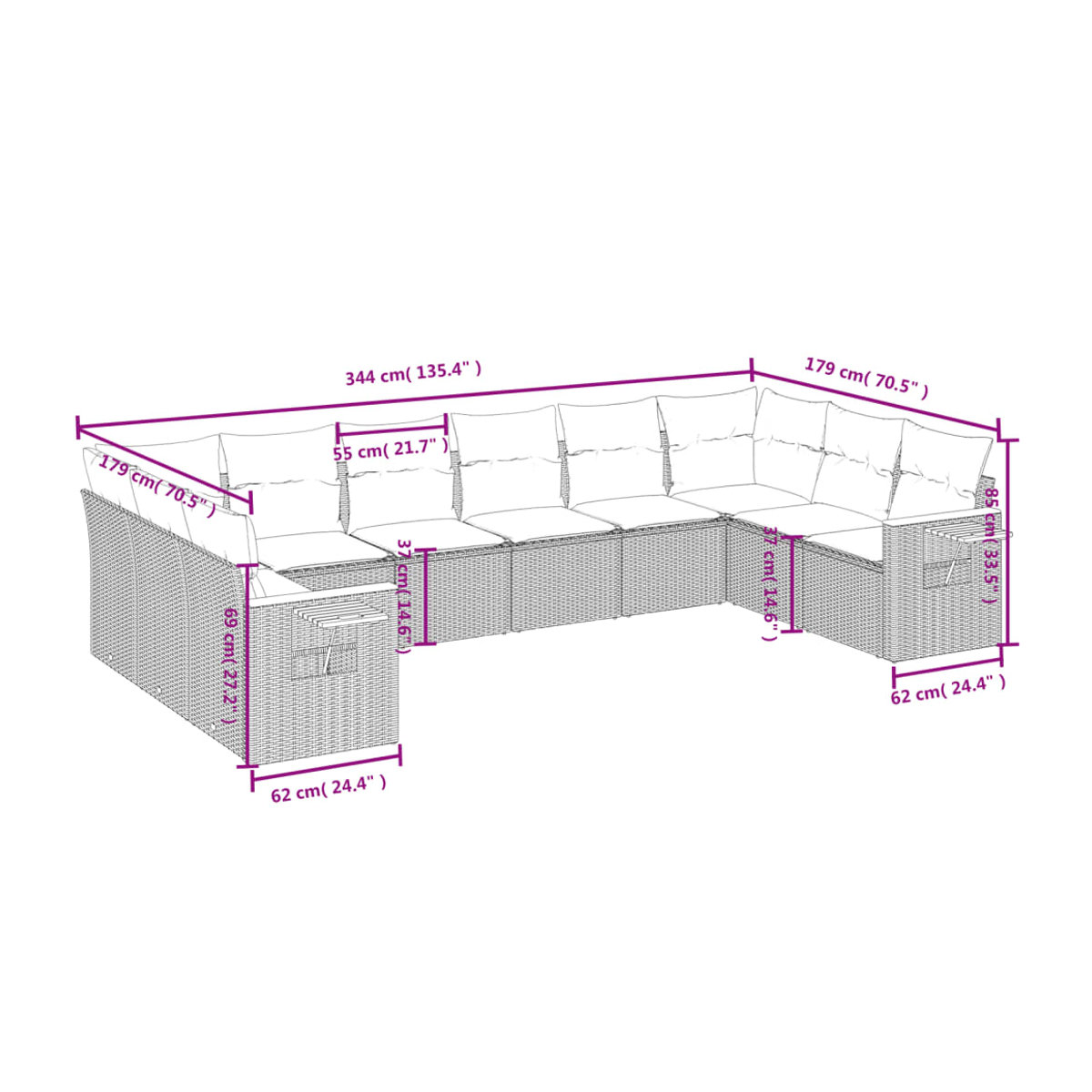 Vidaxl Gartenmöbel-Set aus Polyrattan mit 10-teiligem Kissen-Set in Beige - Bild 2