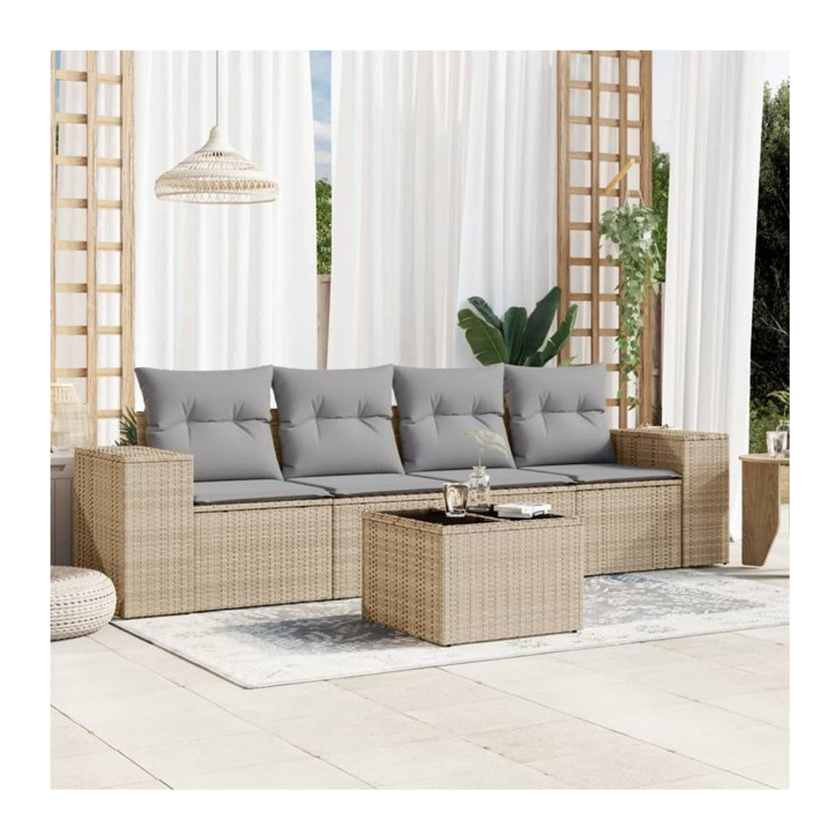 Vidaxl Gartenmöbel-Set aus Polyrattan mit 5 Teilen und Kissen, Beige - Bild 1