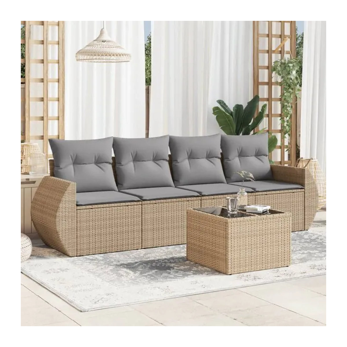 Vidaxl Gartenmöbel-Set aus Polyrattan mit 5 Teilen und Kissen, Beige - Bild 1