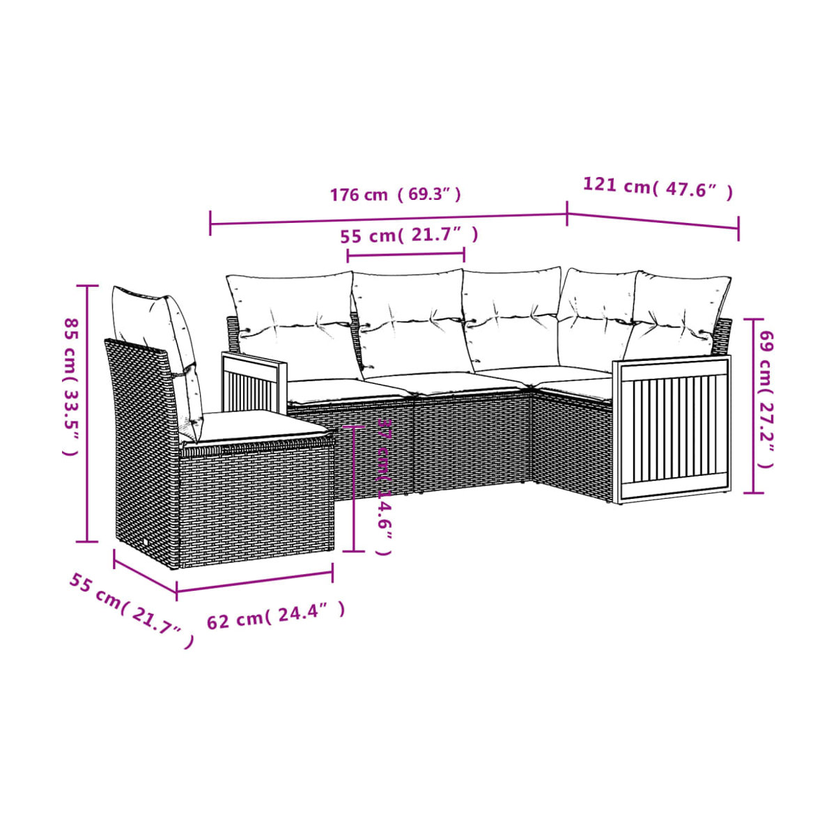 Vidaxl Gartenmöbel-Set aus Polyrattan mit 5 Teilen und Kissen, Beige - Bild 2