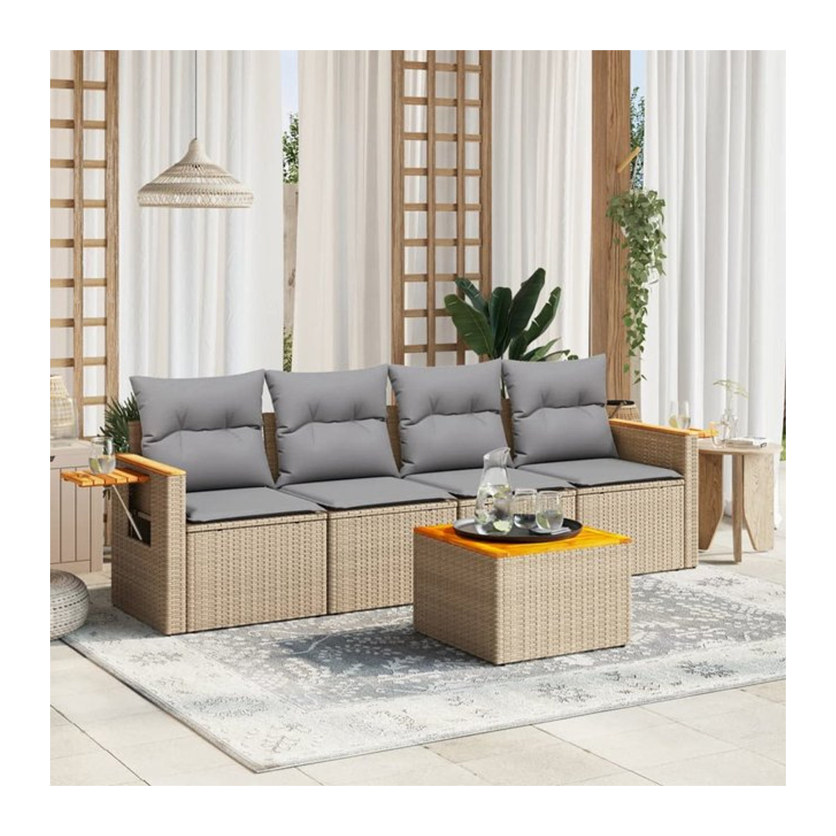 Vidaxl Gartenmöbel-Set aus Polyrattan mit 5 Teilen und Kissen, Beige - Bild 1