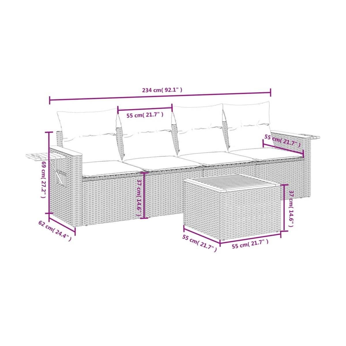 Vidaxl Gartenmöbel-Set aus Polyrattan mit 5 Teilen und Kissen, Beige - Bild 2