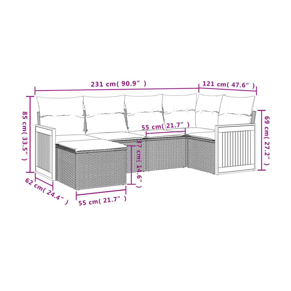 Vidaxl Gartenmöbel-Set aus Polyrattan mit 6 Teilen und Kissen, Grau - Bild 2