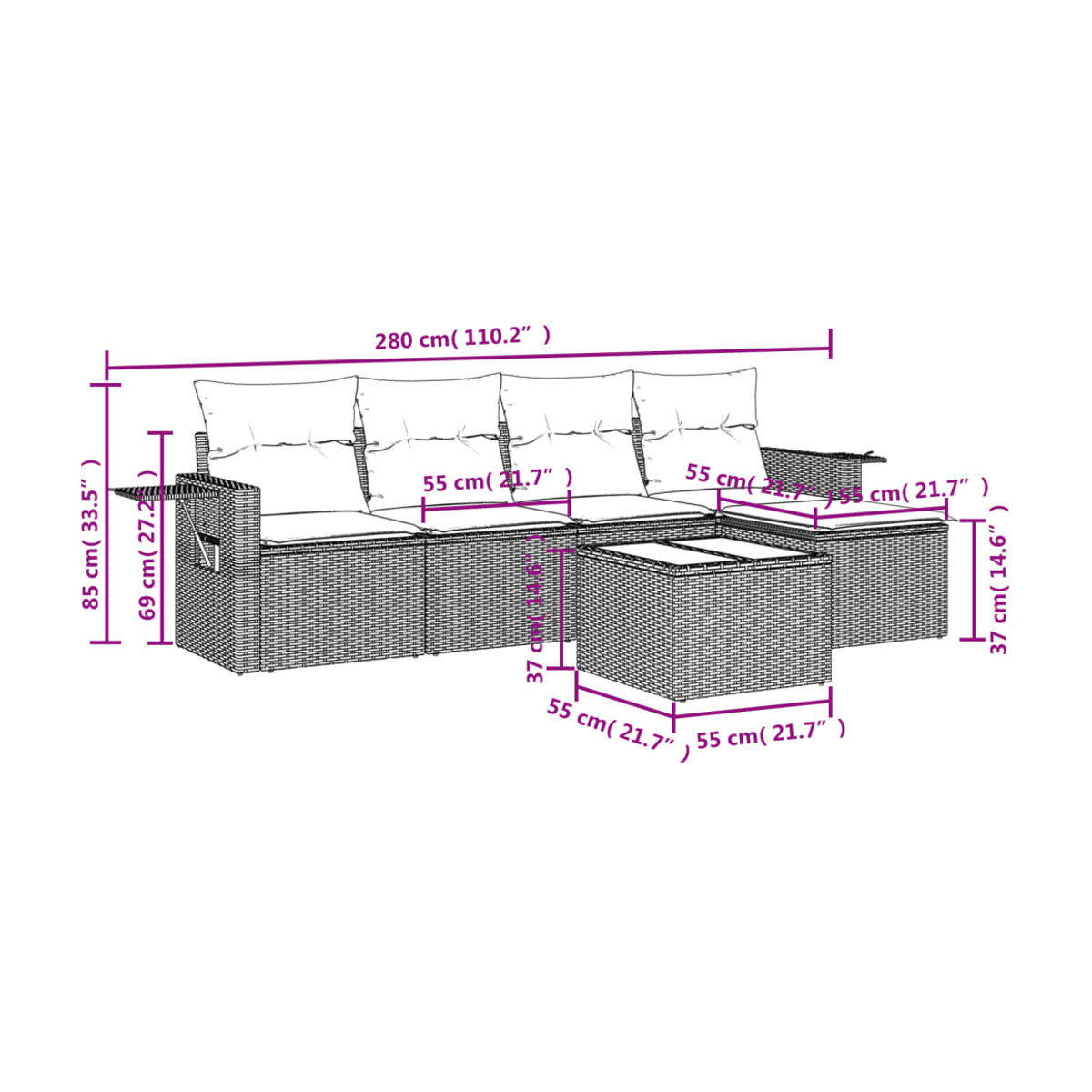 Vidaxl Gartenmöbel-Set aus Polyrattan mit 6 Teilen und Kissen, Grau - Bild 2