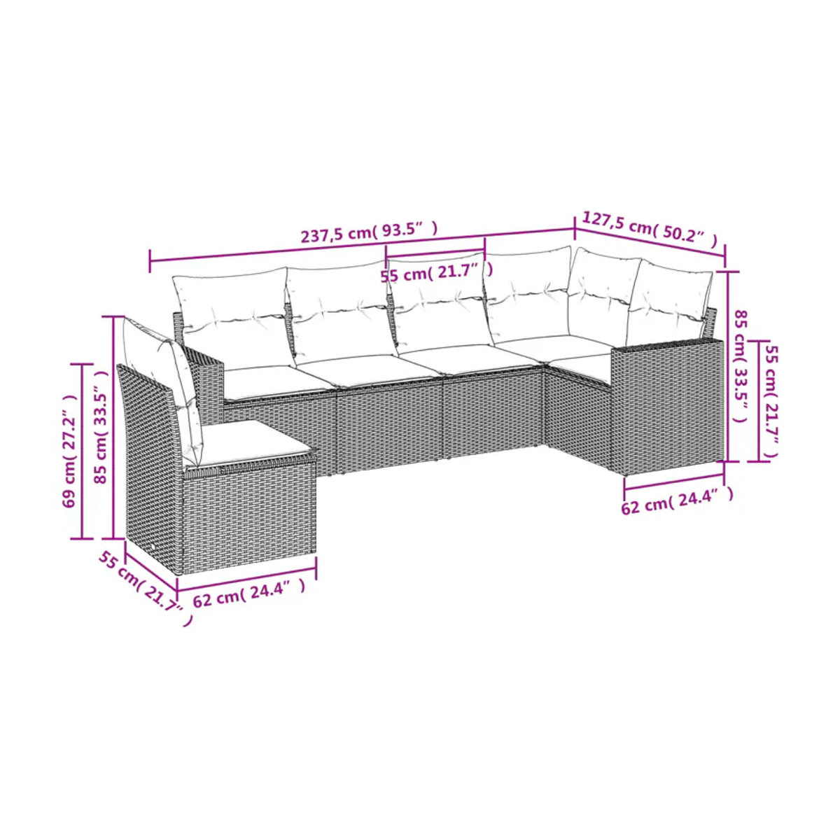 Vidaxl Gartenmöbel-Set aus Polyrattan mit 6 Teilen und Kissen, Grau - Bild 3