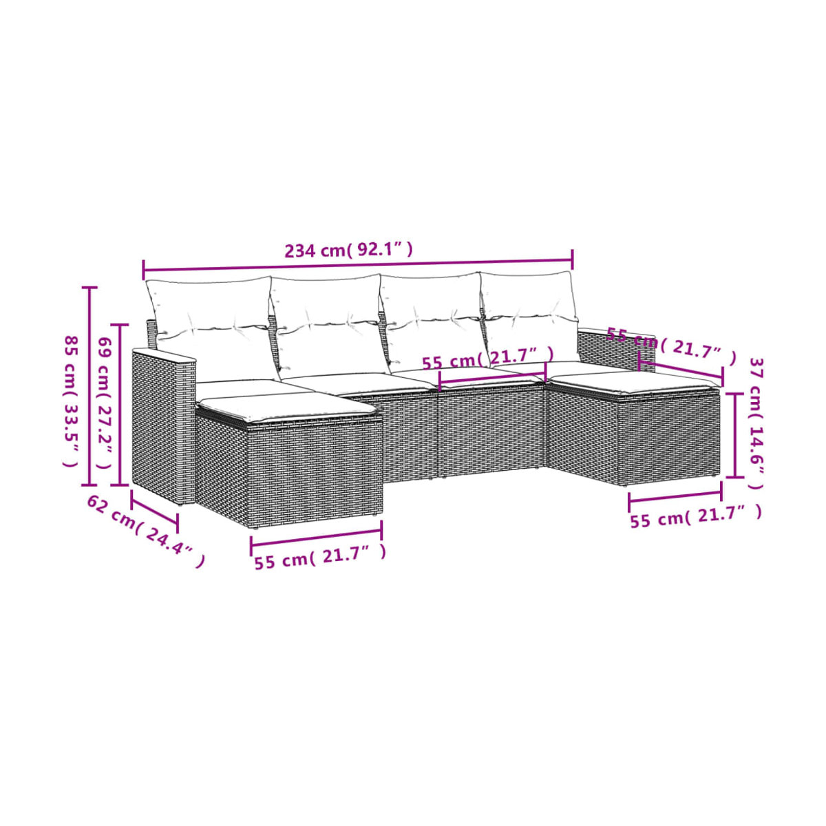 Vidaxl Gartenmöbel-Set aus Polyrattan mit 6-teiliger Polsterung in Grau - Bild 2