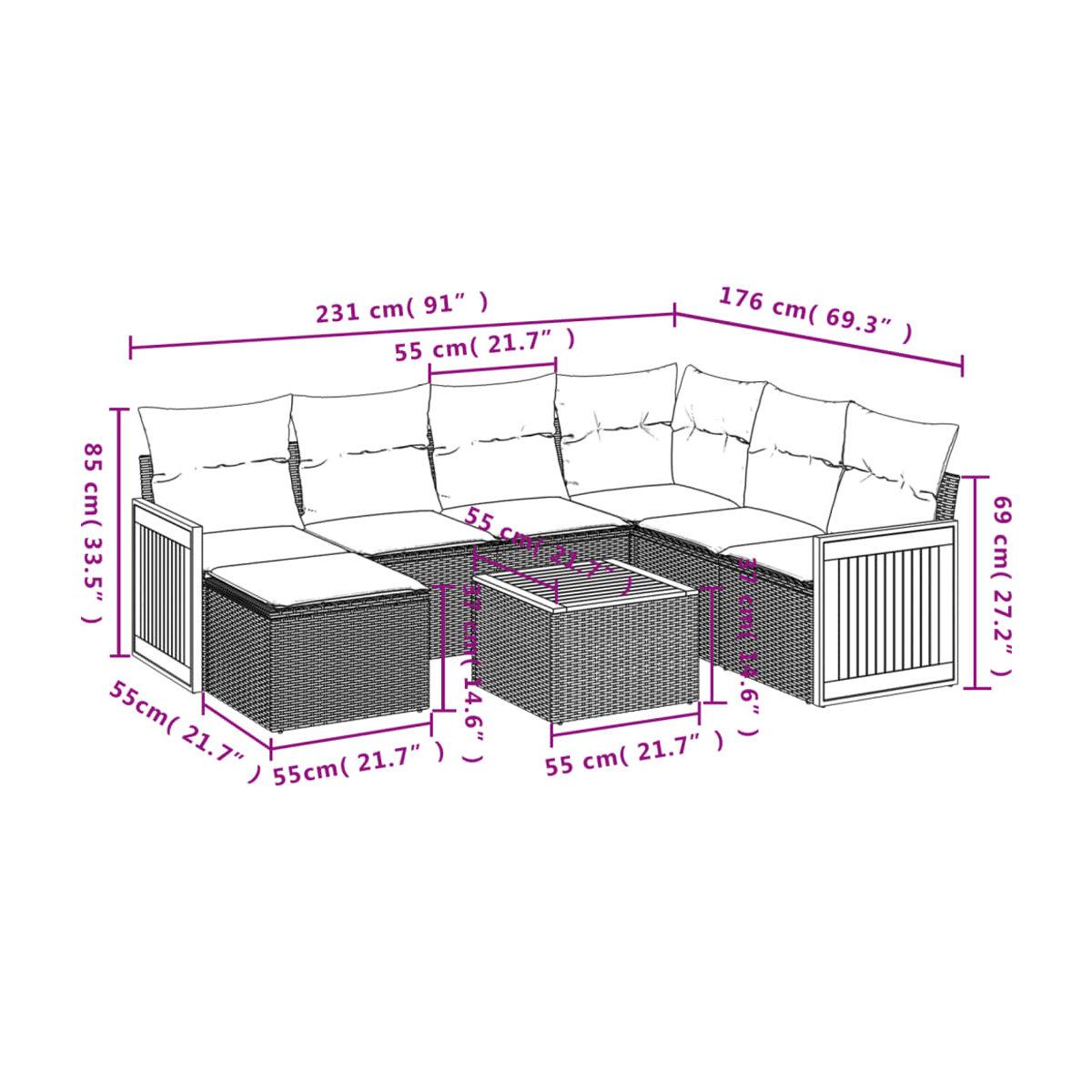 Vidaxl Gartenmöbel-Set aus Polyrattan mit 8 Teilen und Kissen, Beige, Modernes Design - Bild 2