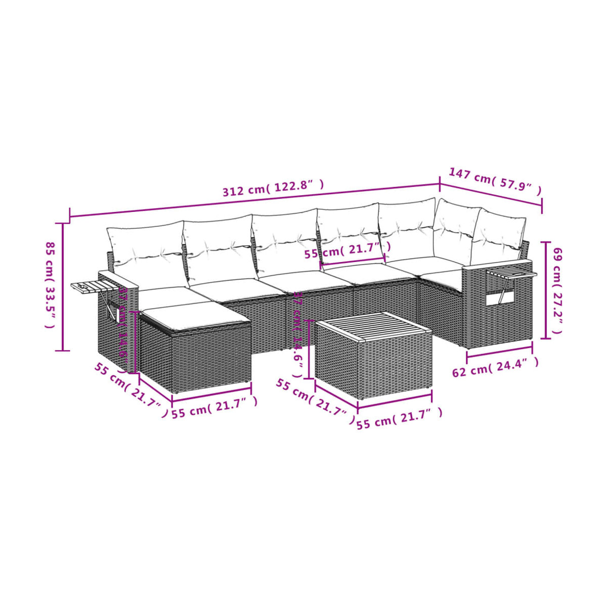 Vidaxl Gartenmöbel-Set aus Polyrattan mit 8-teiligem Kissen-Set in Grau für Erwachsene im modernen Design - Bild 2