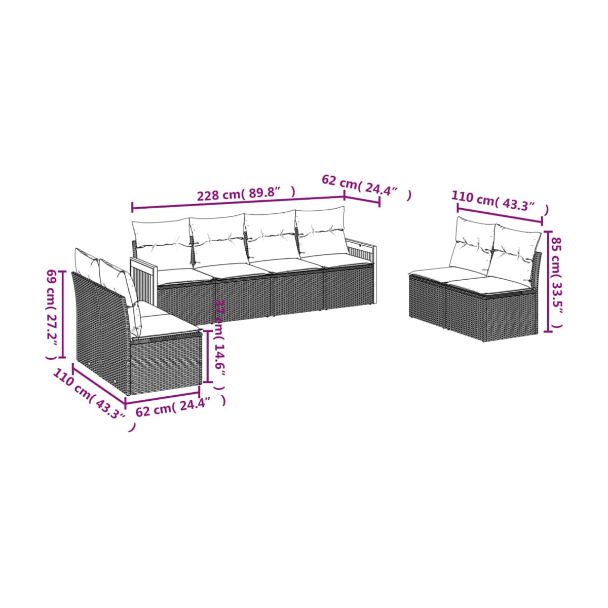 Vidaxl Gartenmöbel-Set aus Polyrattan mit 8-teiligem Kissen-Set in Grau für Erwachsene im modernen Design - Bild 3