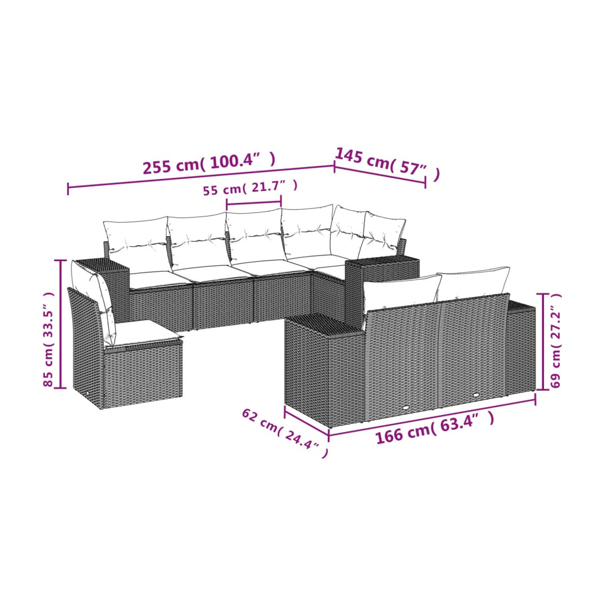Vidaxl Gartenmöbel-Set aus Polyrattan mit 8-teiligem Set und Kissen, Beige, Modernes Design - Bild 3