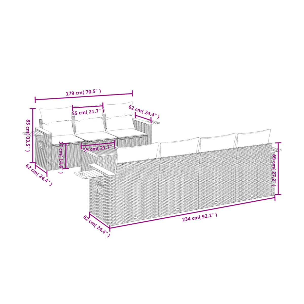 Vidaxl Gartenmöbel-Set aus Polyrattan mit 8-teiligen Kissen in Beige, modernes Design für Erwachsene - Bild 2