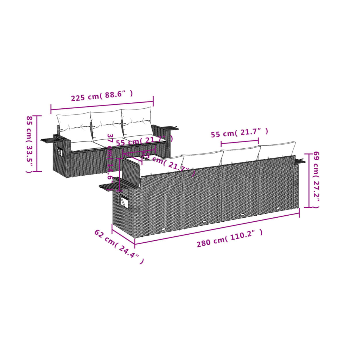 Vidaxl Gartenmöbel-Set aus Polyrattan mit 8-teiligen Kissen in Grau, modern für Erwachsene - Bild 2
