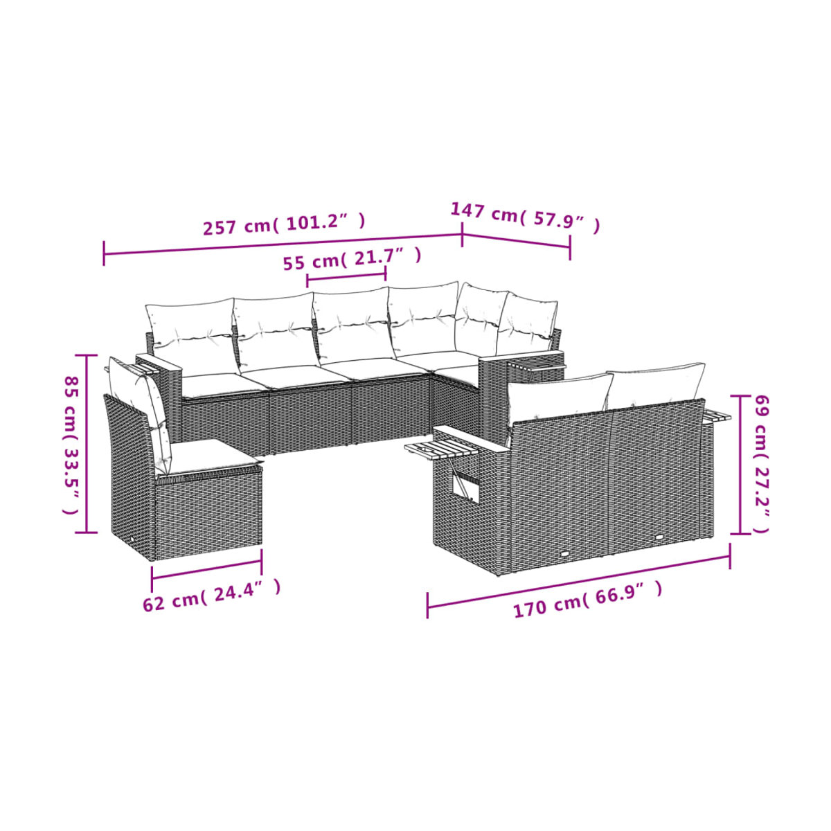 Vidaxl Gartenmöbel-Set aus Polyrattan mit 8-teiligen Kissen in Grau, modern und robust - Bild 2