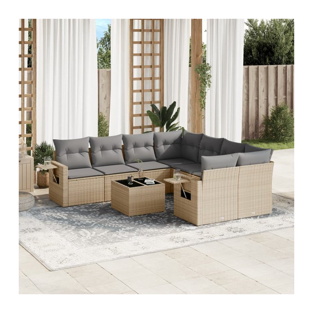 Vidaxl Gartenmöbel-Set aus Polyrattan mit 9 Teilen und Kissen, Beige, Modernes Design - Bild 1