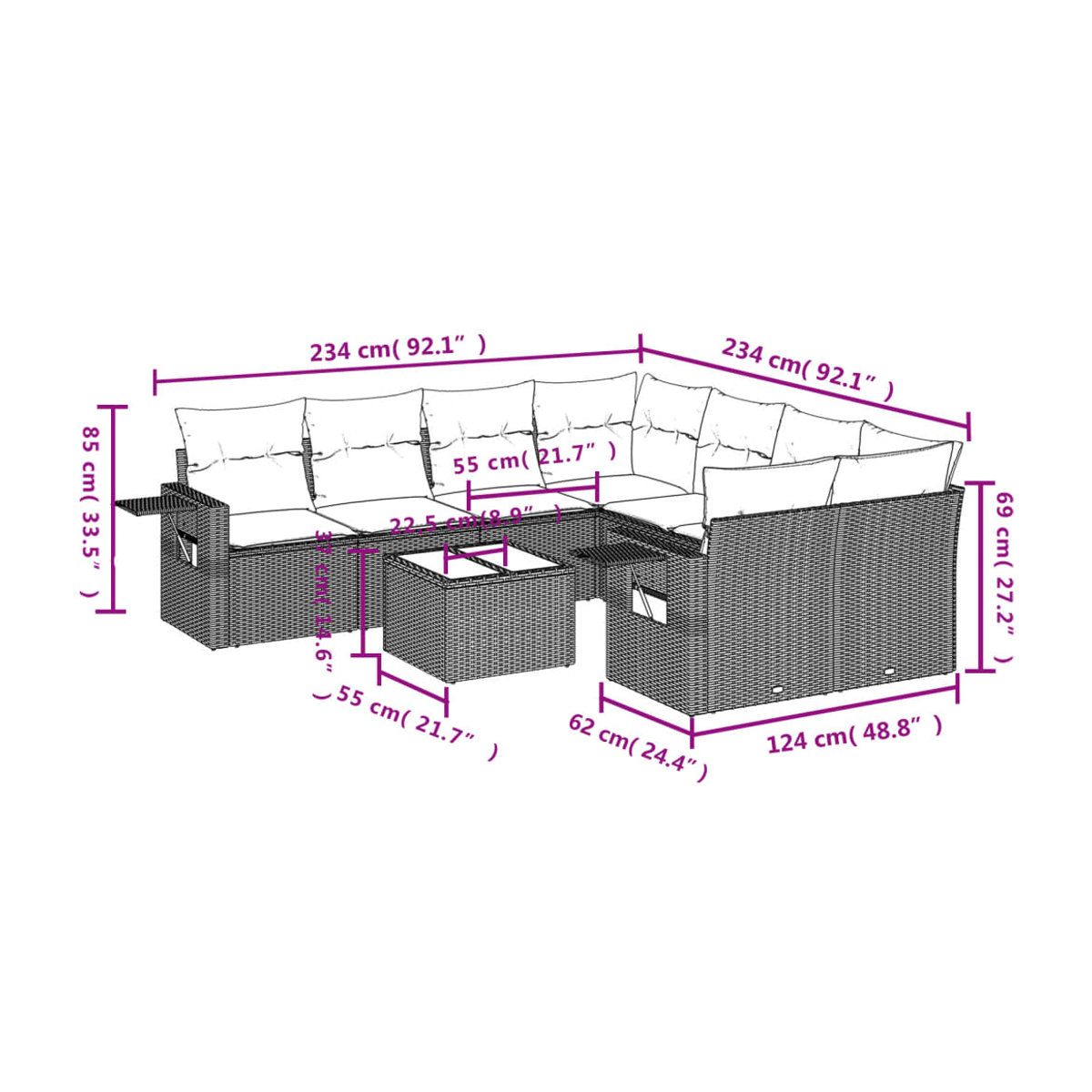 Vidaxl Gartenmöbel-Set aus Polyrattan mit 9 Teilen und Kissen, Beige, Modernes Design - Bild 2