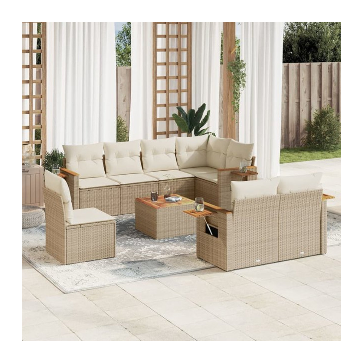 Vidaxl Gartenmöbel-Set aus Polyrattan mit 9 Teilen und Kissen, Beige, Modernes Design - Bild 1