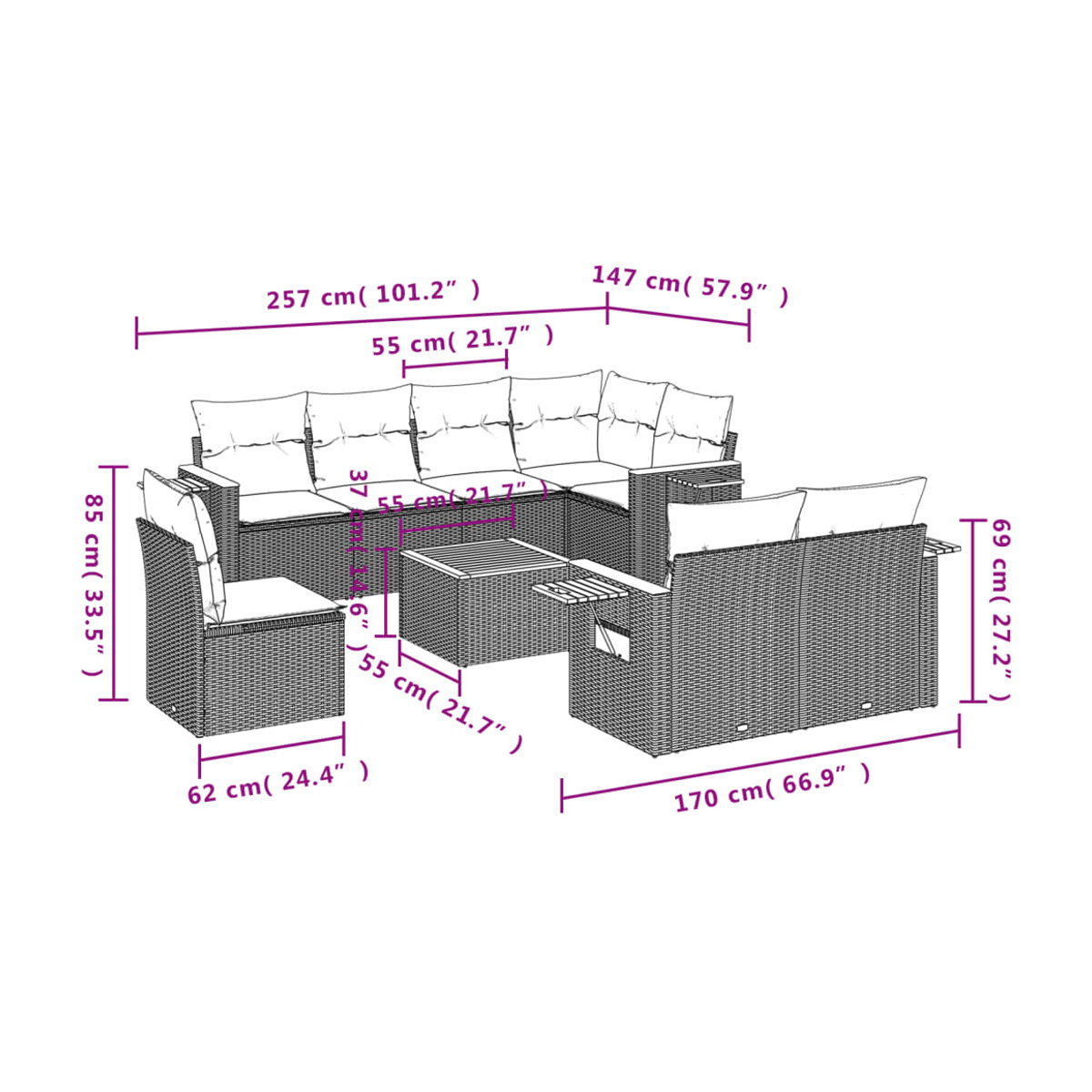 Vidaxl Gartenmöbel-Set aus Polyrattan mit 9 Teilen und Kissen, Beige, Modernes Design - Bild 3