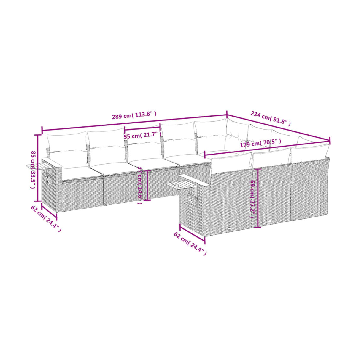 Vidaxl Gartenmöbel-Set aus Polyrattan mit Kissen, 10-teilig, Beige - Bild 2