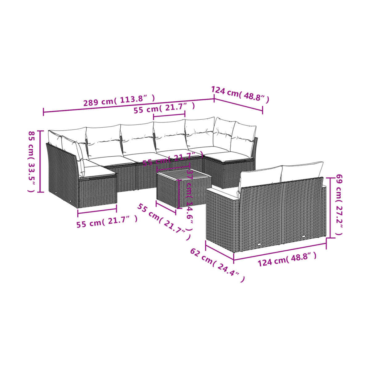 Vidaxl Gartenmöbel-Set aus Polyrattan mit Kissen, 10-teilig, Beige, Modernes Design - Bild 3
