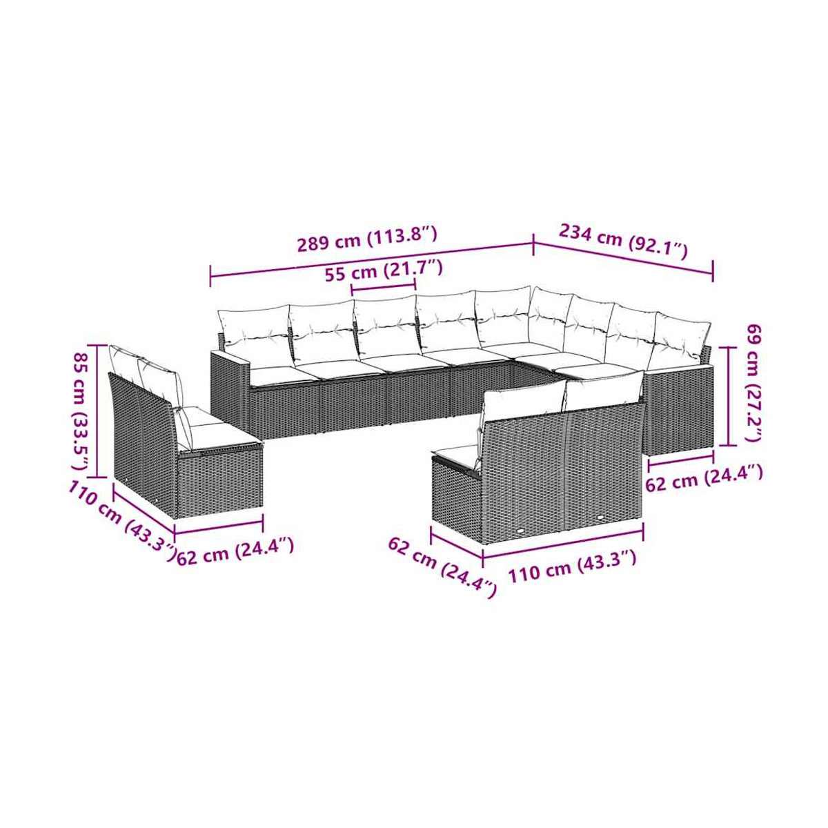 Vidaxl Gartenmöbel-Set aus Polyrattan mit Kissen, 12-teilig, Schwarz - Bild 2