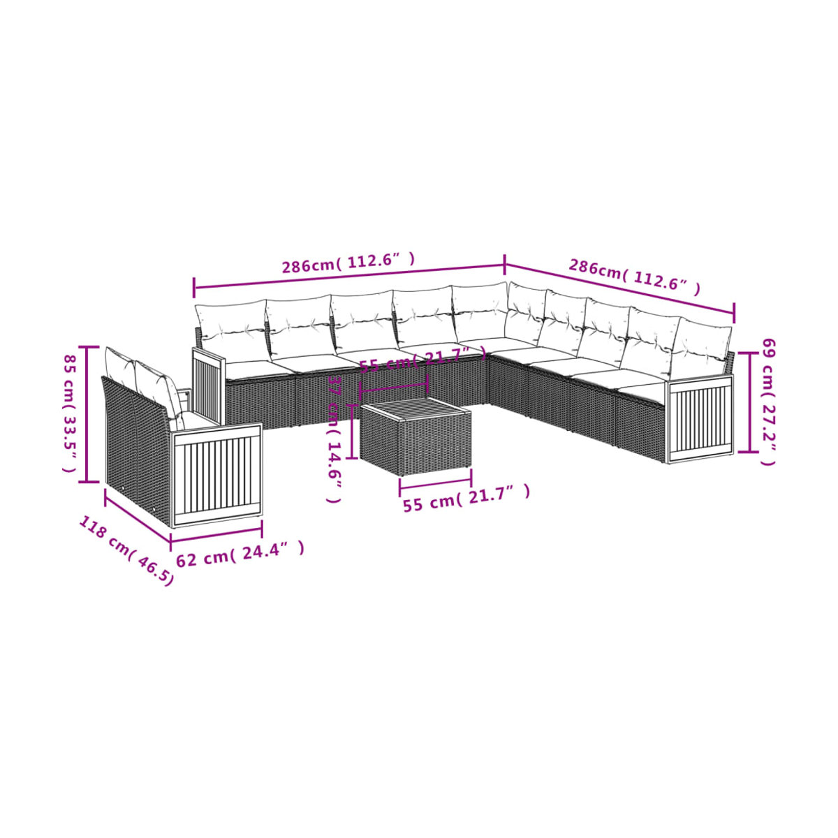 Vidaxl Gartenmöbel-Set aus Polyrattan mit Kissen, 12-teilig, Schwarz - Bild 2