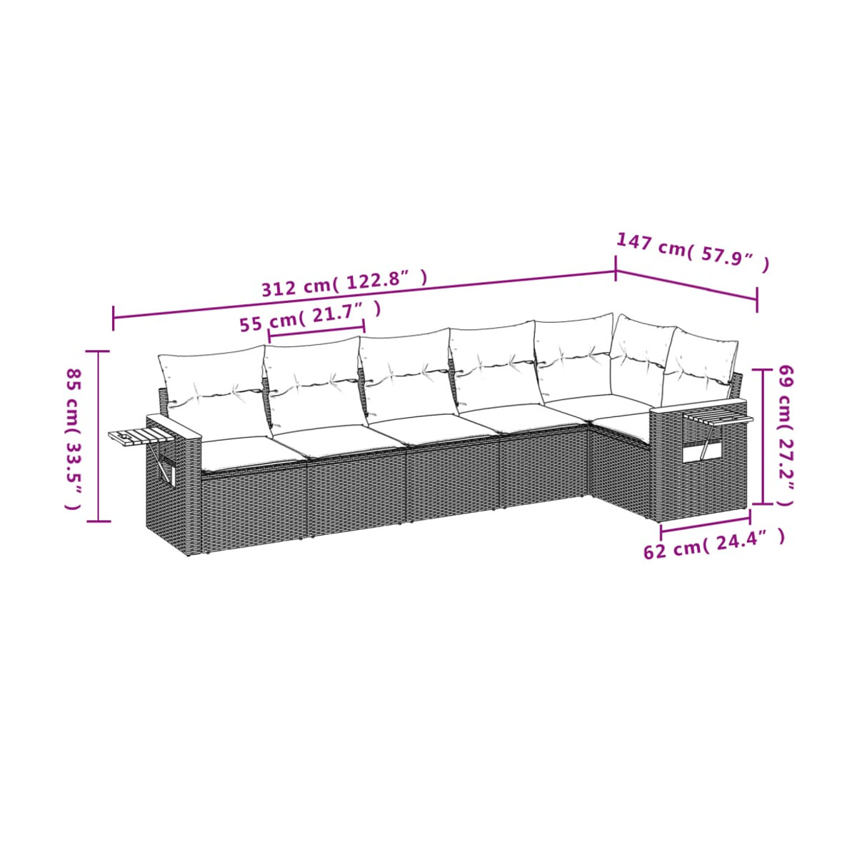 Vidaxl Gartenmöbel-Set aus Polyrattan mit Kissen, 6-teilig, Beige - Bild 3