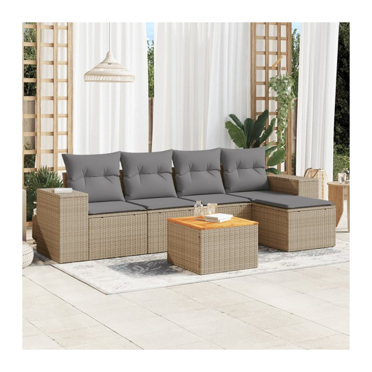 Vidaxl Gartenmöbel-Set aus Polyrattan mit Kissen, 6-teilig, Beige, Modernes Design - Bild 1