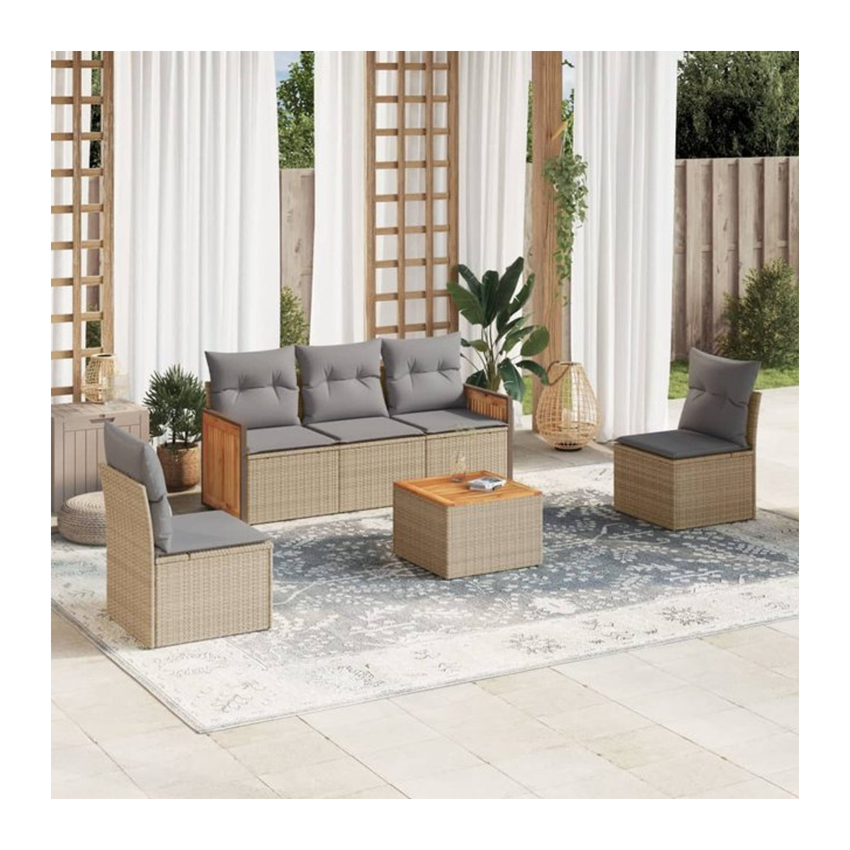 Vidaxl Gartenmöbel-Set aus Polyrattan mit Kissen, 6-teilig, Beige, Modernes Design - Bild 1