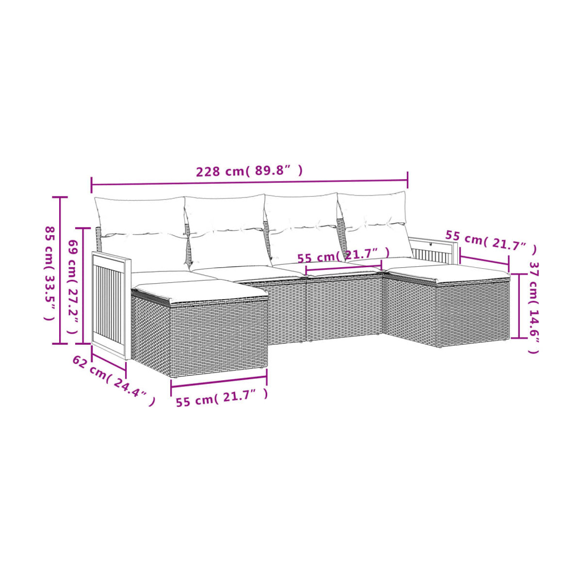 Vidaxl Gartenmöbel-Set aus Polyrattan mit Kissen, 6-teilig, Grau - Bild 3