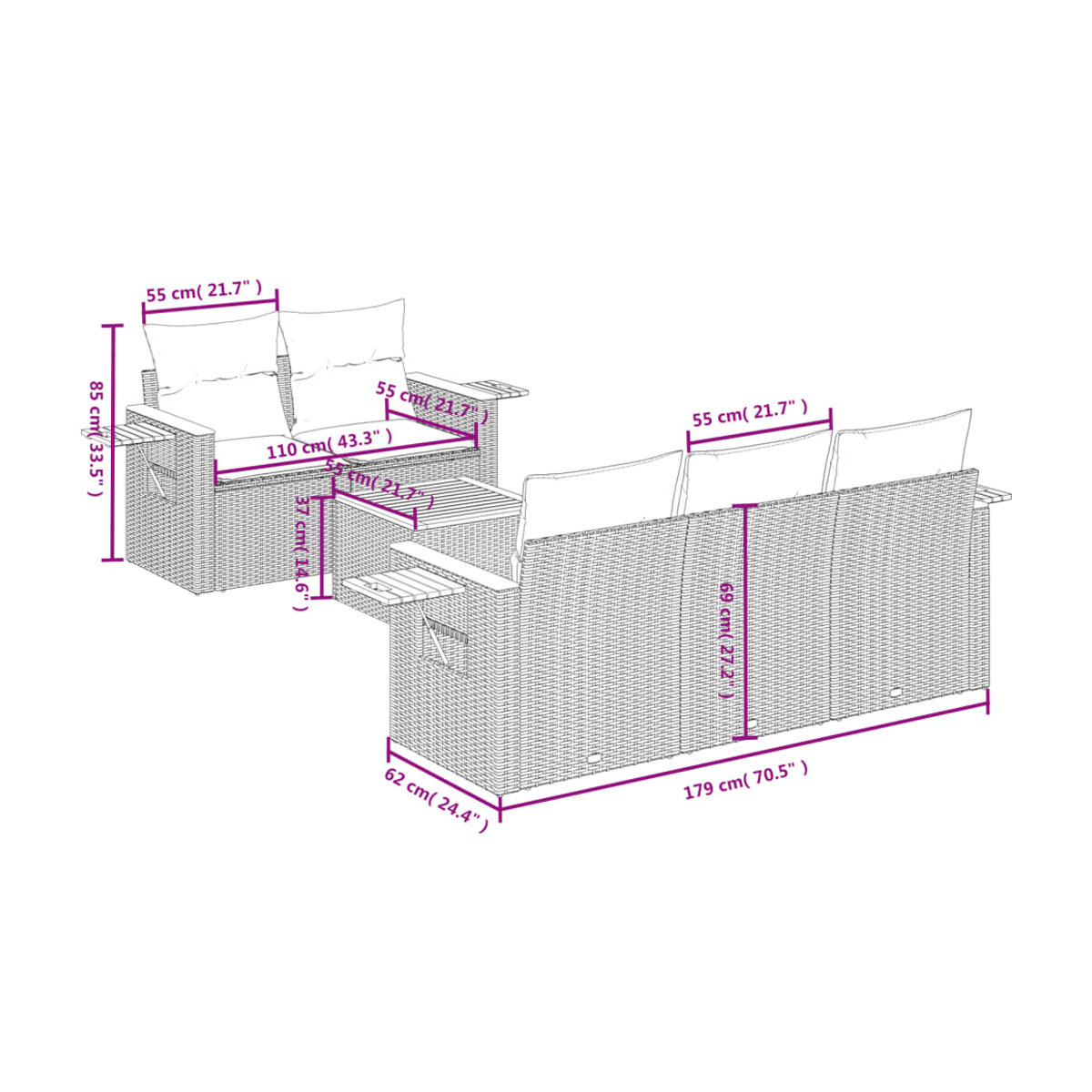 Vidaxl Gartenmöbel-Set aus Polyrattan mit Kissen, 6-teilig, Schwarz - Bild 2