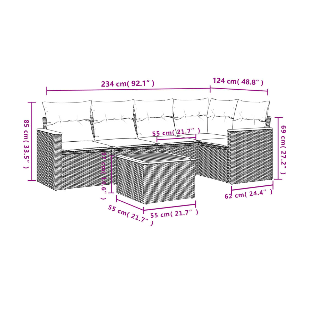 Vidaxl Gartenmöbel-Set aus Polyrattan mit Kissen, 6-teilig, Schwarz - Bild 3