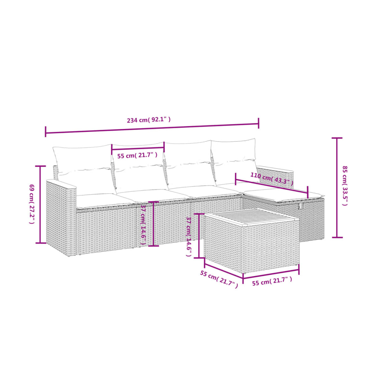 Vidaxl Gartenmöbel-Set aus Polyrattan mit Kissen, 6-teilig, Schwarz - Bild 2