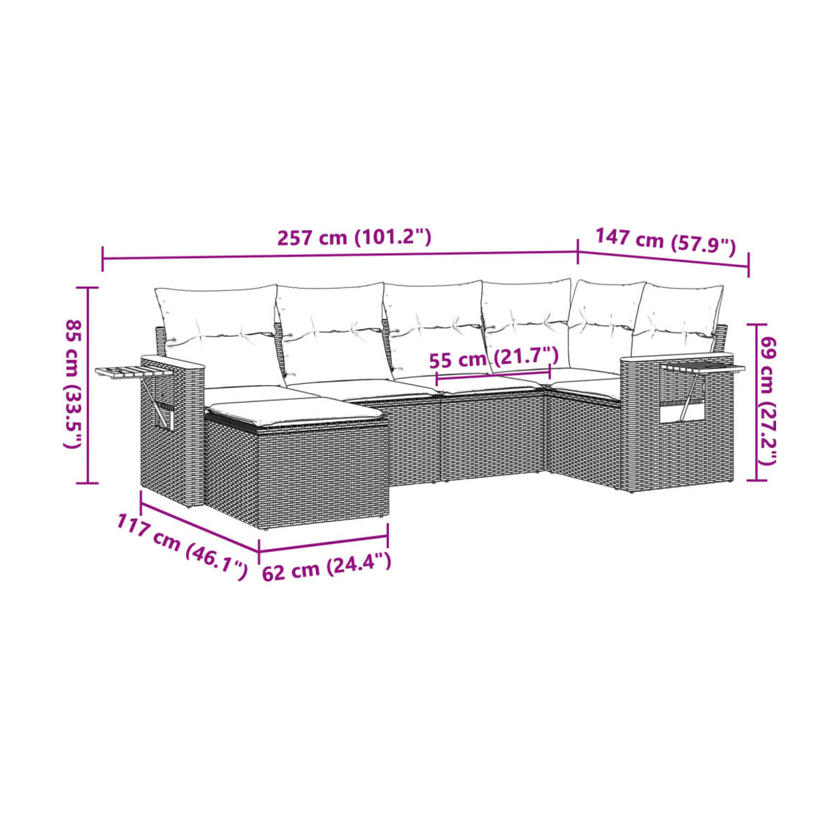 Vidaxl Gartenmöbel-Set aus Polyrattan mit Kissen, 6-teilig, Schwarz, Modernes Design - Bild 3