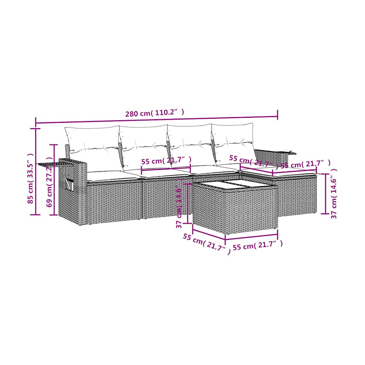 Vidaxl Gartenmöbel-Set aus Polyrattan mit Kissen, 6-teilig, Schwarz, Modernes Design - Bild 2