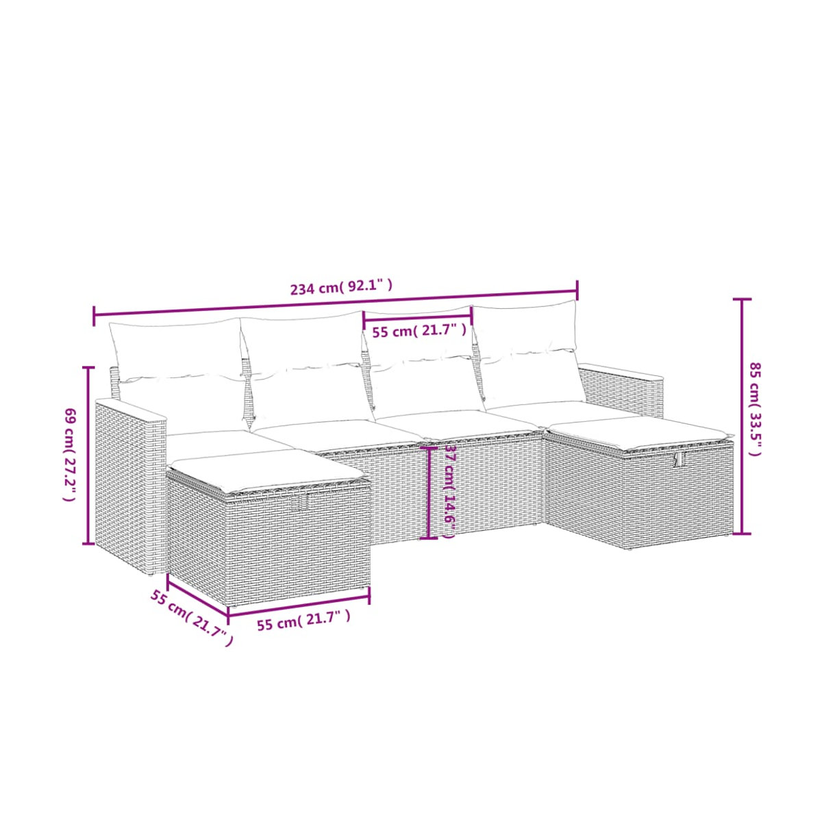 Vidaxl Gartenmöbel-Set aus Polyrattan mit Kissen, 6-teilig, Schwarz und Beige - Bild 2