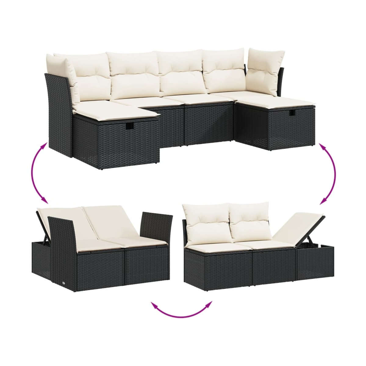 Vidaxl Gartenmöbel-Set aus Polyrattan mit Kissen, 6-teilig, Schwarz und Beige - Bild 3