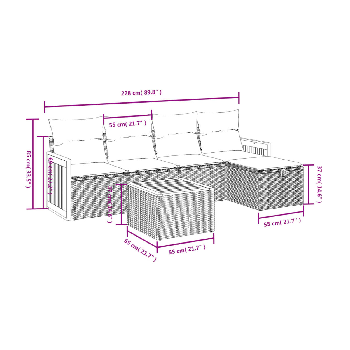 Vidaxl Gartenmöbel-Set aus Polyrattan mit Kissen, 6-teilig, Schwarz und Beige, Modernes Design - Bild 3
